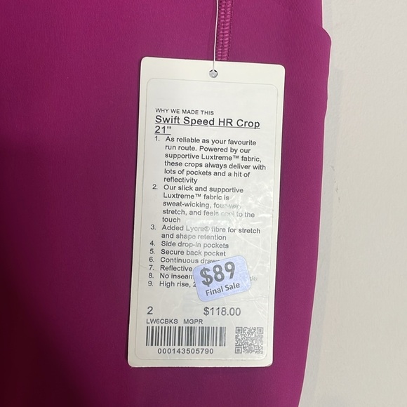 Lululemon | Women’s Swift Speed HR Crop 21” in Magenta Size 2 NWT - Picture 4 of 7